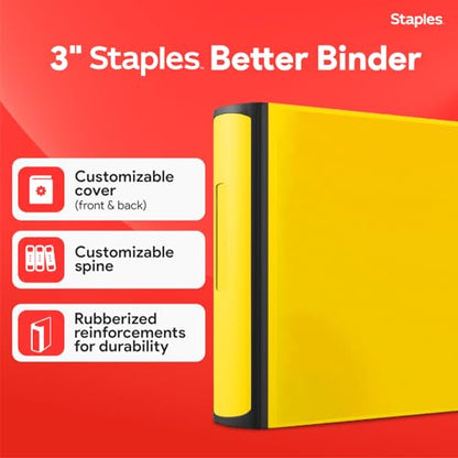 Staples Heavy-Duty 3-Inch D-Ring Binder, Yellow – Large Capacity 3-Ring Binder, Holds Up to 600 Sheets for School & Office - color: Yellow, size: 3-Inch, style: 1 Pack