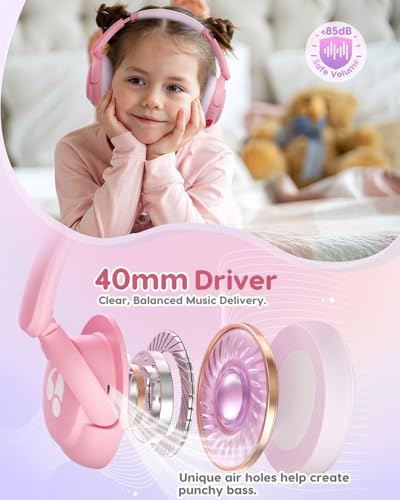 awatrue Kids Bluetooth Headphones, 85dB Volume Limiter, Foldable Wireless Over-Ear Headphones for iPad, Travel, 75H Playtime, Bluetooth 5.4, Built-in Mic, Pink - color: Pink