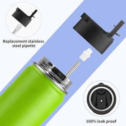 Koodee 16 oz Water Bottle-Stainless Steel Double Wall Vacuum Insulated Wide Mouth Water Flask with Straw Lid, BPA Free(Apple Green） - color: apple-green-A, size: 16 Ounces