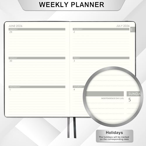 2026-2027 Planner - Weekly Monthly Calendar from July 2026 - June 2027, 5.85‘' x 8.5'' Agenda 2026-2027 with Leather Cover, Pen Holder, Elastic Closure, Ruled pages - color: Grey