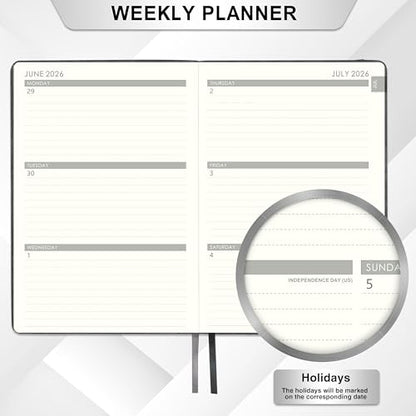 2026-2027 Planner - Weekly Monthly Calendar from July 2026 - June 2027, 5.85‘' x 8.5'' Agenda 2026-2027 with Leather Cover, Pen Holder, Elastic Closure, Ruled pages - color: Grey