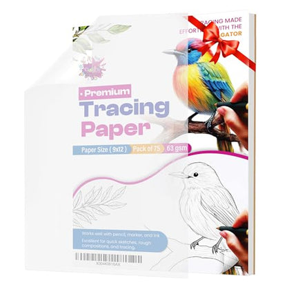 Tracing Paper 9x12 in, 75 Sheets, Transparent Sketch Paper 63gsm | Translucent, Sketching & Drafting, Overlays, Pencil Marker & Ink, Premium - size: 9" x 12" (75 Sheet)