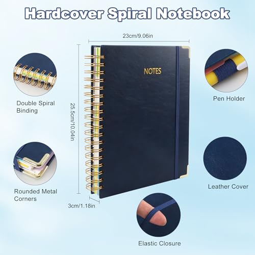 JUNART B5 Hardcover Spiral Notebook Journal with 5 Removable Subject Divider Tabs, 9"x10" Large 300 Pages College Ruled Notebook,180° Flat Lay,100 GSM Thick Paper for Office, Home & School(navy blue) - color: navy blue