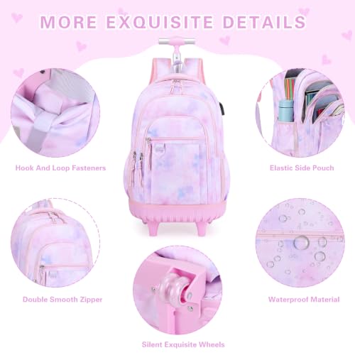 DIGOBAY Rolling Backpack for Girls, Cute Girls Backpack with Wheels, Kids Wheeled backpacks Set with Lunch Bag Pencil Case for Teen Girl, Roller School Bag with Wheels for Elementary Middle School - color: Purple Tie-dye