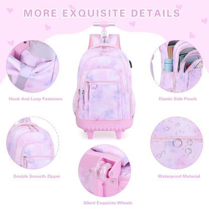DIGOBAY Rolling Backpack for Girls, Cute Girls Backpack with Wheels, Kids Wheeled backpacks Set with Lunch Bag Pencil Case for Teen Girl, Roller School Bag with Wheels for Elementary Middle School - color: Purple Tie-dye