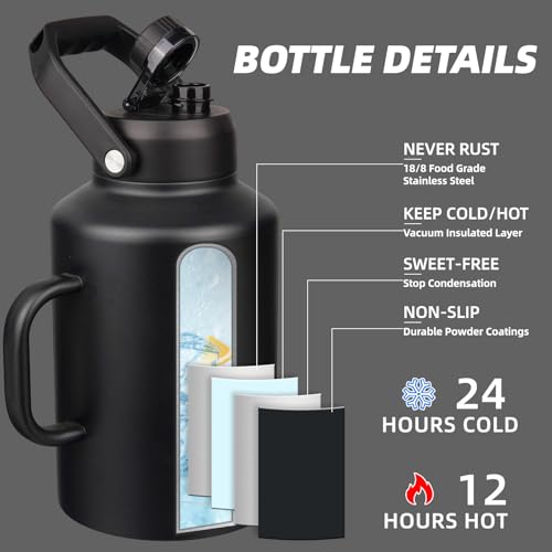 BJPKPK 1 Gallon Water Bottle with Handle, Large Dishwasher Safe 128oz Insulated Water Bottle, BPA Free Water Jug, Wide Mouth Metal Flasks with Anti-slip Bottom, Keep Cold & Hot,Black - color: Black, style: 128oz-Side Handle