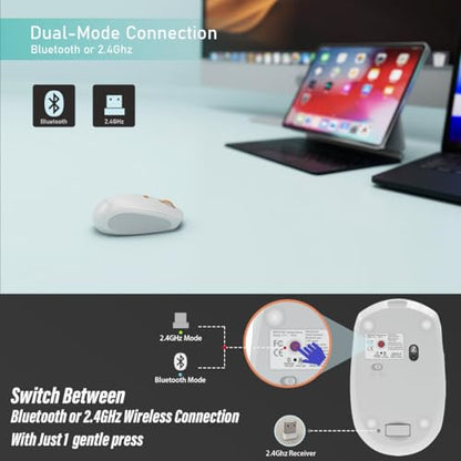 Silent Wireless Mouse for Work & Study, Dual Mode Bluetooth + 2.4G USB Receiver, Rechargeable, Comfortable for Long Hours, Compatible with Laptop/Mac/iPad/Tablet/PC (White)