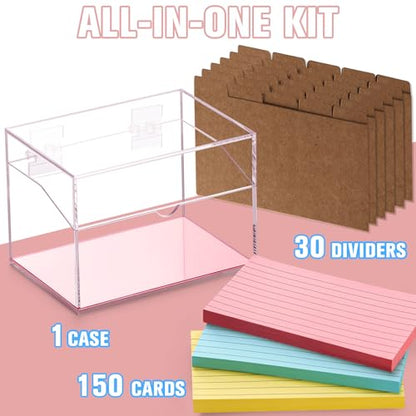 DLUGOPIS 3x5 Rose Gold Index Card Organizer Recipe Card Box Acrylic Flash Card Holder Index Card Box with Mirro Base 150 Ruled Lined Index Cards 30 Kraft Dividers Stickers For Holds 400 Note Cards - color: Rose Gold