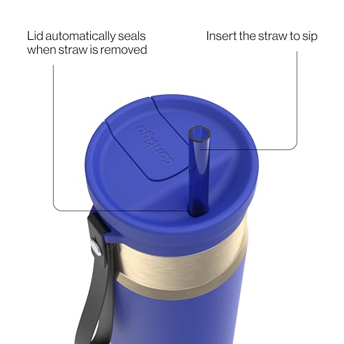 Contigo SnapSeal 709.8ml(24온스) 스테인리스 스틸 진공 단열 물병, 누출 방지 자동 닫힘 뚜껑, 휴대용 스트랩 및 재사용 가능한 빨대, BPA 프리 및 납 프리, 식기세척기 사용 가능 - color: 와일드 인디고 샴페인, size: 24온스