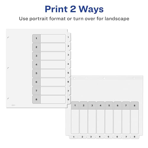 Avery 8 Tab Dividers for 3 Ring Binders, Customizable Table of Contents, Classic White Tabs, 6 Sets (11822) - size: 8 Tab