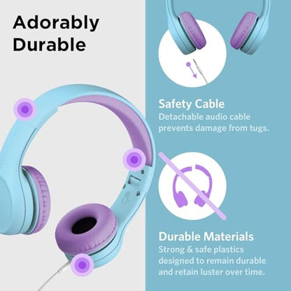 LilGadgets Connect+ Foldable Headphones, Adjustable Fit Soft Touch Padding for Kids with Mic, Volume-Limited & Noise Reduction On-Ear Wired Headset for School with SharePort - Blue/Purple, Ages 3-14 - color: Blue/Purple