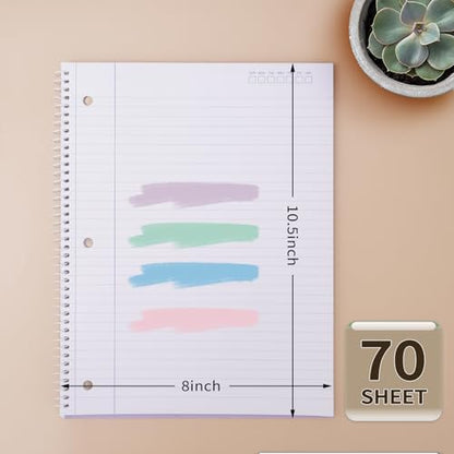Spiral Notebooks College Ruled, 4 Pack 1 Subject Spiral Notebook, 8 x 10.5 inch, 70 Sheets Notebook College Ruled, 3-Hole Punched Paper, Spiral Notebooks for School&Home, Work, Writing Journal
