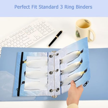 2 Pack Antarctic Blue Sky Three Penguin 3 Ring Binder Pencil Pouch Bags,Clear Window Storage Case with Zipper for Boys Girls Students School Office Supplies Organizers - color: Multi-penguin