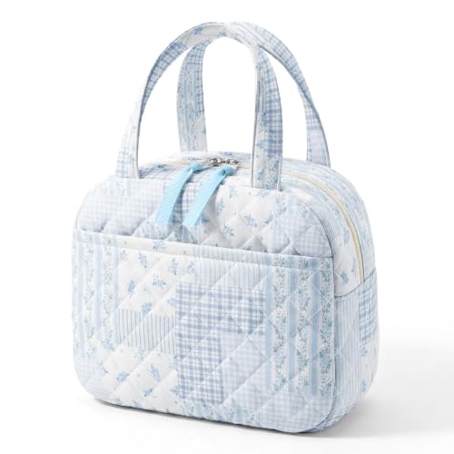 WOBAGMEN Quilted Lunch Box for Women,Coquette Aesthetic Lunch Box,Cute Blue Floral Patchwork Lunch Bags for Work,Office,Picnic,Travel(blue floral pin) - color: blue floral pin