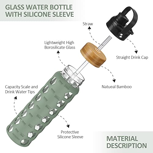 MUKOKO 24oz Glass Water Bottle, Olive | Glass Tumbler with Straw, Drinking Bottles with 2 Lids-Handle Spout Lid & Bamboo Straw Lid, Silicone Sleeve, 1 Pack - color: Olive, size: 24 Ounces