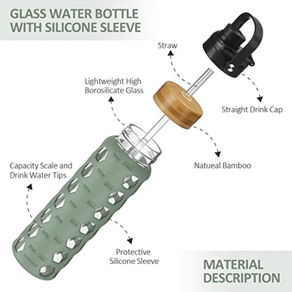 MUKOKO 24oz Glass Water Bottle, Olive | Glass Tumbler with Straw, Drinking Bottles with 2 Lids-Handle Spout Lid & Bamboo Straw Lid, Silicone Sleeve, 1 Pack - color: Olive, size: 24 Ounces
