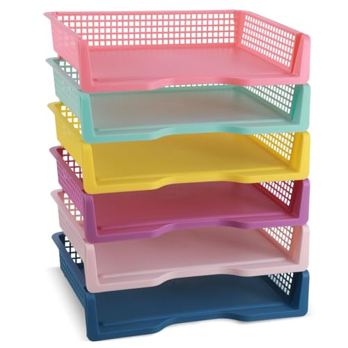 gisgfim 6 Pcs Turn in Trays Classroom Colorful Paper Tray for Classroom Organization and Storage Stackable Plastic Book Baskets Turn in Bins Teacher Organizers for Library Drawers School Office Desk - color: Colorful