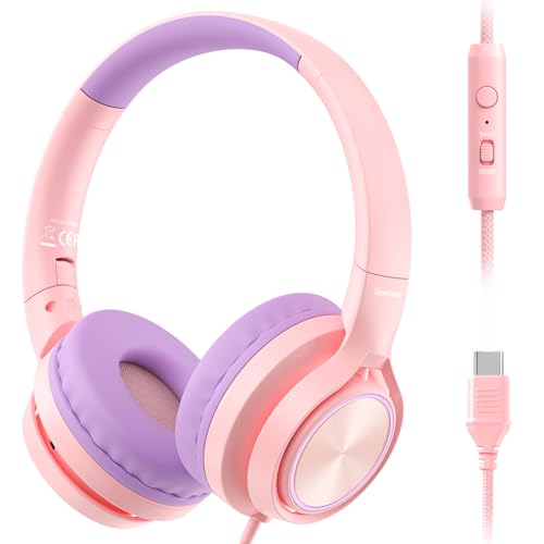 Bywulanda USB-C Kids Headphones with Mic, Safe Volume Limiter 85/94dB, Adjustable Headband, Foldable Wired Headphones for Boys & Girls, Over Ear Headphones for School/Chromebook/Tablet/Laptop/Travel - color: Bright pink
