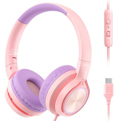 Bywulanda USB-C Kids Headphones with Mic, Safe Volume Limiter 85/94dB, Adjustable Headband, Foldable Wired Headphones for Boys & Girls, Over Ear Headphones for School/Chromebook/Tablet/Laptop/Travel - color: Bright pink