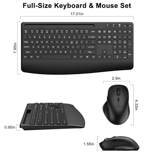 Ergonomic Wireless Keyboard and Mouse Combo, Full-Size Silent Keyboard with Wrist Rest & Phone Holder, 3 DPI Adjustable Mouse, 2.4G Lag-Free Cordless, Long Battery Life for PC Laptop Mac Windows