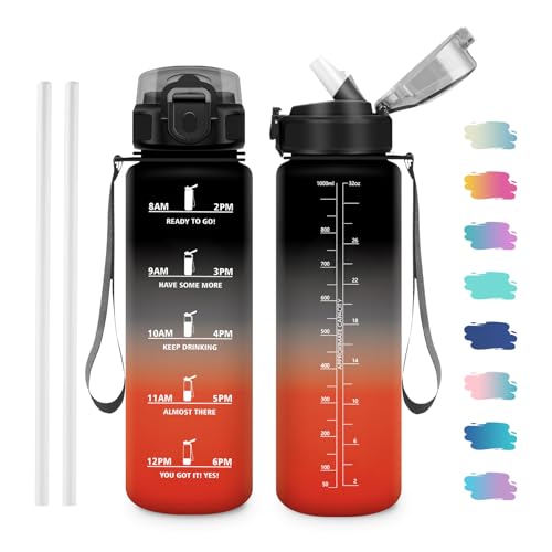 1L Water Bottle with Straw and Time Marker, BPA Free Water Bottles for Students, Gym, Office, Yoga - color: 1000ml | Black + Red, size: 33.8 Ounces