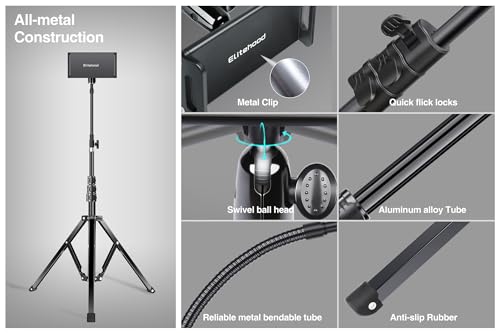 elitehood Metal iPad Tripod Stand, 72in Gooseneck Tablet Floor Stand Holder | Heavy Duty Aluminum Tall iPad Floor Stand, Adjustable iPad Music Stand for Pro 13 11, Mini, Air, iPhone and 4.7-13" Tablets - size: 4.7–13" · Side Clamp