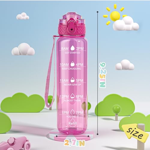 OLDLEY 17oz Kids Water Bottle, Tritan BPA-Free, Leakproof Flip Straw Lid, Motivational Time Marker, Carry Strap, Reusable Clear Water Bottle for Boys & Girls,Eggplant - color: Eggplant, style: 17 Ounces