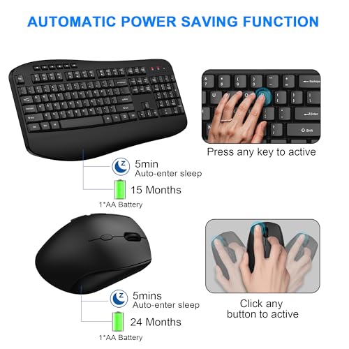 Wireless Keyboard and Mouse Combo, EDJO 2.4G Full-Sized Ergonomic Computer Keyboard with Wrist Rest and 3 Level DPI Adjustable Wireless Mouse for Windows, Mac OS Desktop/Laptop/PC,Classic Black - color: Classic Black