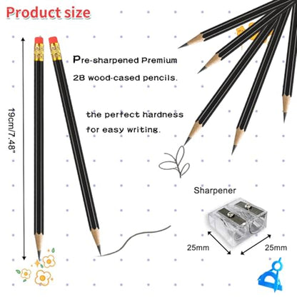 Adhere 25pcs Woodcase Pencils with Eraser Premium Pre-Sharpened Hexagon Graphite 2B pencils ideal for home, office writing including a Free Sharpener(Black・25pcs) - color: Black・25pcs