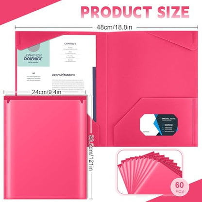 Henoyso 60 Pack Plastic Folders with Clear Front Pockets Bulk Heavy Duty File Folders with 2 Pockets and Card Slot for Student Teacher Back to School Supplies Office Presentation (Hot Pink) - color: Hot Pink
