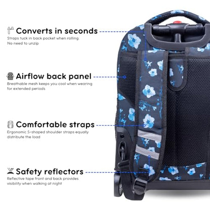 J World Sunrise Kids Rolling Backpack with Wheels for Girls Boys, Roller Bookbag for School, 18 x 13 x 9 Inches, Night Bloom - color: Night Bloom
