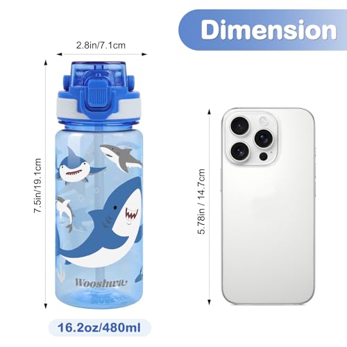 Kids Water Bottle for School, 16 Oz Plastic Straw Water Bottle with Silicone Spout and Leakproof Cover, Dishwasher Safe (Shark) - color: Shark, size: 16 Ounces