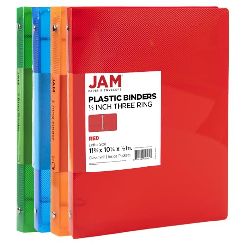 JAM PAPER Plastic 0.5 inch Binders - Assorted 3 Ring Binders (Red, Blue, Green & Orange) - 4/Pack - color: Assorted, size: 0.5 inch