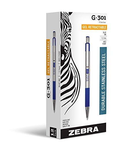 Zebra Pen STEEL G-301 Retractable Gel Pen, Blue Ink, 0.7mm, 12-Pack | Stainless Steel Barrel, Textured Grip, Easy-Glide Smooth, Skipless Ink, Fine Point Tip, Professional Design (41320AMZ) - color: Blue C