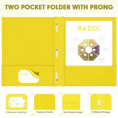Two Pocket Folders, RAZCC 75 Pack Two Pocket Folders with Prongs, 3 Prong Folders Fit Letter Size Paper, Pocket File Folders for School Office Home Business, Yellow - color: Yellow