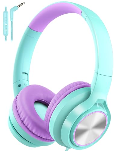 Voopwink Kids Headphones with Microphone, Wired Over Ear Headsets with Limited Volume 85dB/ 94dB for Boys Girls Teens Children Online School/Travel/iPad/Tablet/Cellphone - color: Light Green, size: Plug 3.5mm