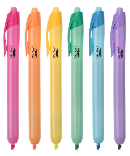 Mr. Pen- Retractable Highlighters, 6 Pack, Bright Colors | Chisel Tip Highlighter Marker Set, Click Highlighter Markers for Classroom, Journaling, Study Supplies - color: Bright