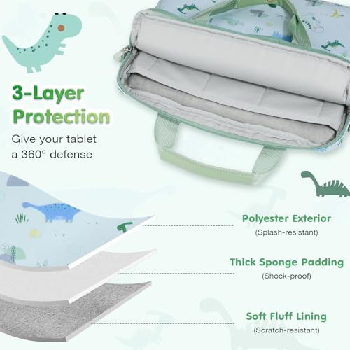 MoKo 10-12.5 Inch Kids Tablet Sleeve Carrying Case for Fire HD 10 13th/11th Gen, Fire HD 8/7 Kids 2022, Tablet Bag with Shoulder Strap for 10/10.1 Inch Android 12/13, Green Dinosaur - color: Green Dinosaur, style: 12.5 Inch