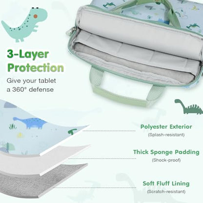 MoKo 10-12.5 Inch Kids Tablet Sleeve Carrying Case for Fire HD 10 13th/11th Gen, Fire HD 8/7 Kids 2022, Tablet Bag with Shoulder Strap for 10/10.1 Inch Android 12/13, Green Dinosaur - color: Green Dinosaur, style: 12.5 Inch
