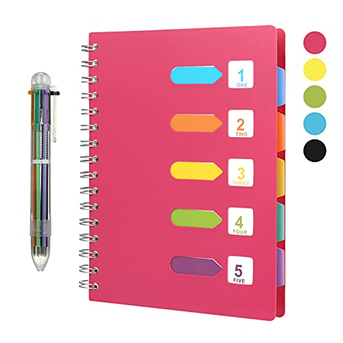 KESOTE 5 Subject Spiral Notebook with Divider Tabs, A5 Wide Ruled 5.7" × 8.5" Hardcover Tabbed Notebook Journal, 240 Pages, Rose Red - color: Rose Red