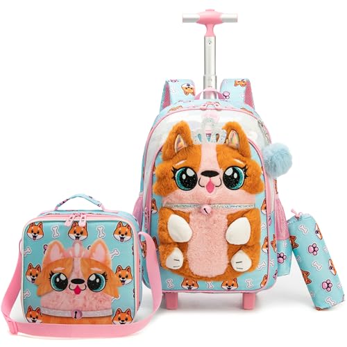 Meetbelify Cute 3D Dog Rolling Backpack for Girls Backpack with Wheels for Elementary Student Kids Plush School Bag with Lunch Box Pencil Case for Girls Ages 6-8 Years Old Black - color: Pink Dog