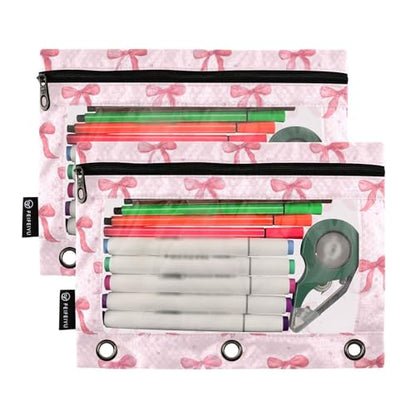 Pencil Pouch for 3 Ring Binder Cute Pink Ribbon Bow Binder Pencil Case with Smooth Zipper Clear Window Pencil Case 2 Pack for Office School College Supplies - color: Pink Ribbon Bow