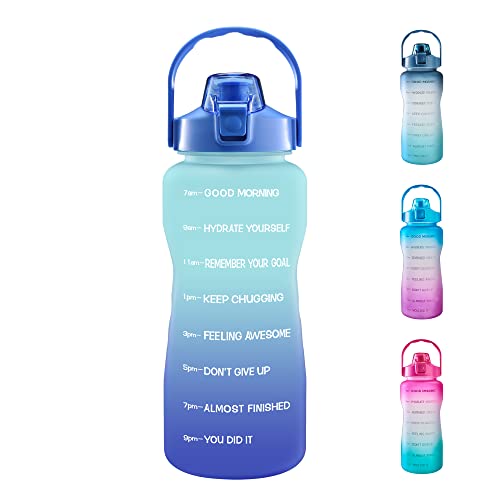 EYQ 64oz/128oz Leakproof Free Drinking Water Bottle with Motivational Time Marker BPA Free for Fitness, Gym and Outdoor Sports - color: 04Green/Blue Gradient
