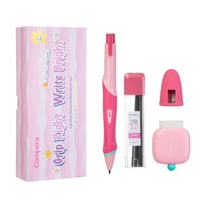 Ergonomic Pencil Set, 2.0mm HB Mechanical Pencils for Kids, School Supplies Include Sharpener, Eraser & 6 Extra Leads – Handwriting Aid for Preschool, Kindergarten, Homes, Pink, L - color: Pink