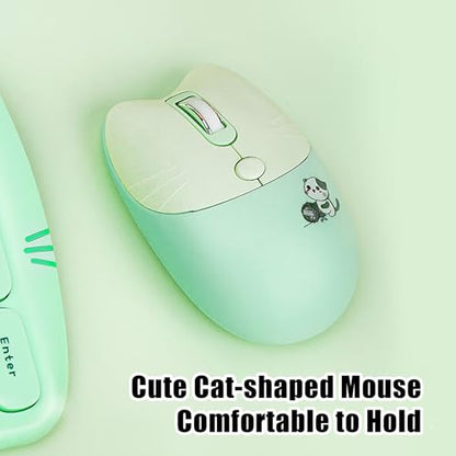Cute Cat 2.4G USB Wireless Keyboard and Mouse Combo, Silent Keys, Candy Colors, Compatible with Notebook, PC (Green-110Keys) - color: Green-110Keys