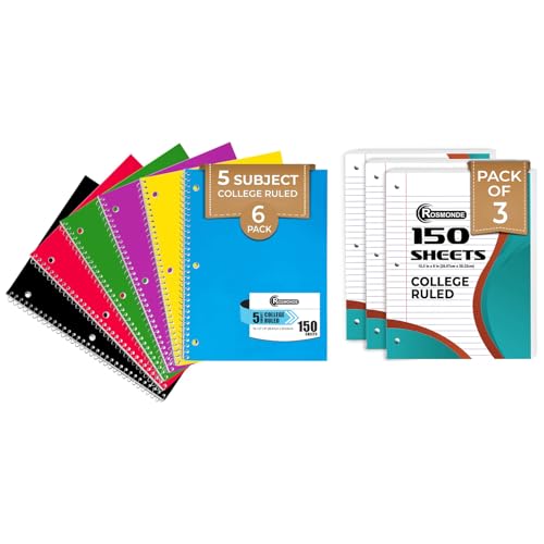 Rosmonde College Ruled Combo, Loose Leaf Paper, 450 Sheets, 3 Pack, 3 Hole Punched, Filler Paper & Spiral Notebook, 6 Pack, 5 Subject, 300 Pages(150 Sheets), 3 Hole Punched, School, College & Office