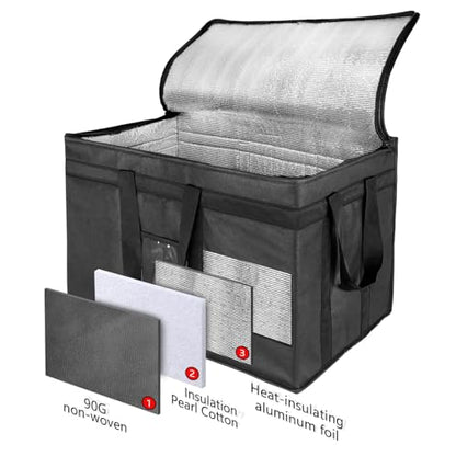 3XL Insulated Food Transport Bag - Reusable Cooler Bag for Cold and Hot Food Delivery with Lid and Double Zipper - size: 3X-Large