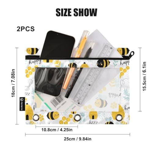 Gredecor 3 Ring Binder Pencil Pouch, Funny Bees Beehive Herbs Flower Zippered Pen Case Pouches with Clear Window, 2 Pack Stylish Office & School Supplie - color: Bees Beehive Herbs Flower