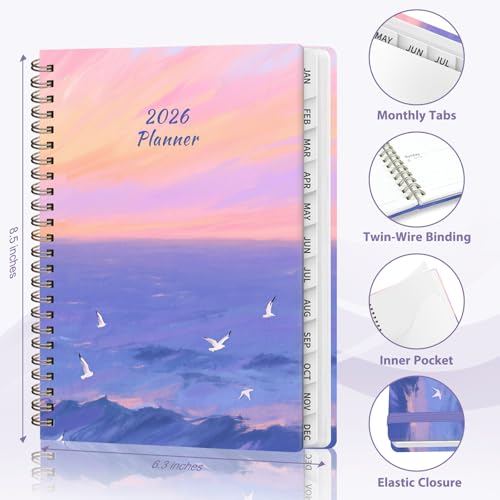 2026 Planner, Weekly and Monthly Calendar Planner Agenda, Jan 2026 - Dec 2026, Planning Academic Book, Office Desk Accessories and School Supplies - A5 (6.3'' x 8.5'') - color: D-Ocean Sunset