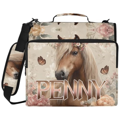 Custom Binder Bag Personalized Retro Flower Horse 3 Ring Zipper Binder Bag with Laptop Pockets and Shoulder Strap Tote Binders Organizer Case for School Office - color: Custom Horse
